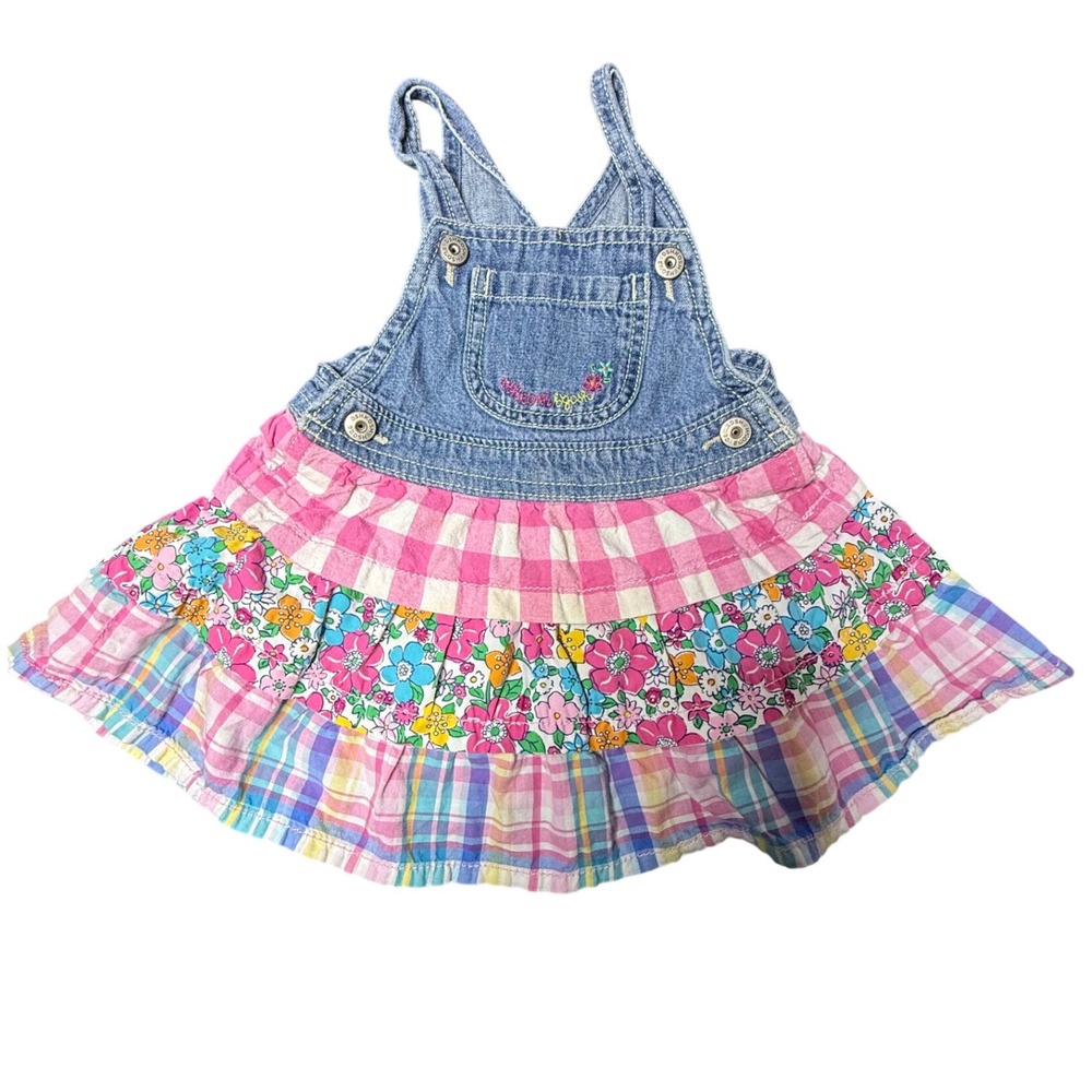 OshKosh Bgosh Denim Dress Floral Plaid Ruffle Overalls Outfit 18 Months